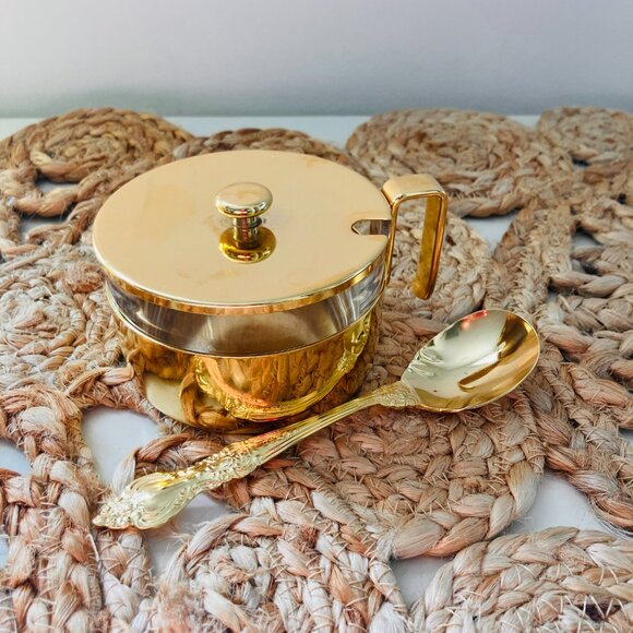 Vintage Made In Italy Gold Plated Brass Covered Butter Dish and Jam Pot - Picture 8 of 12